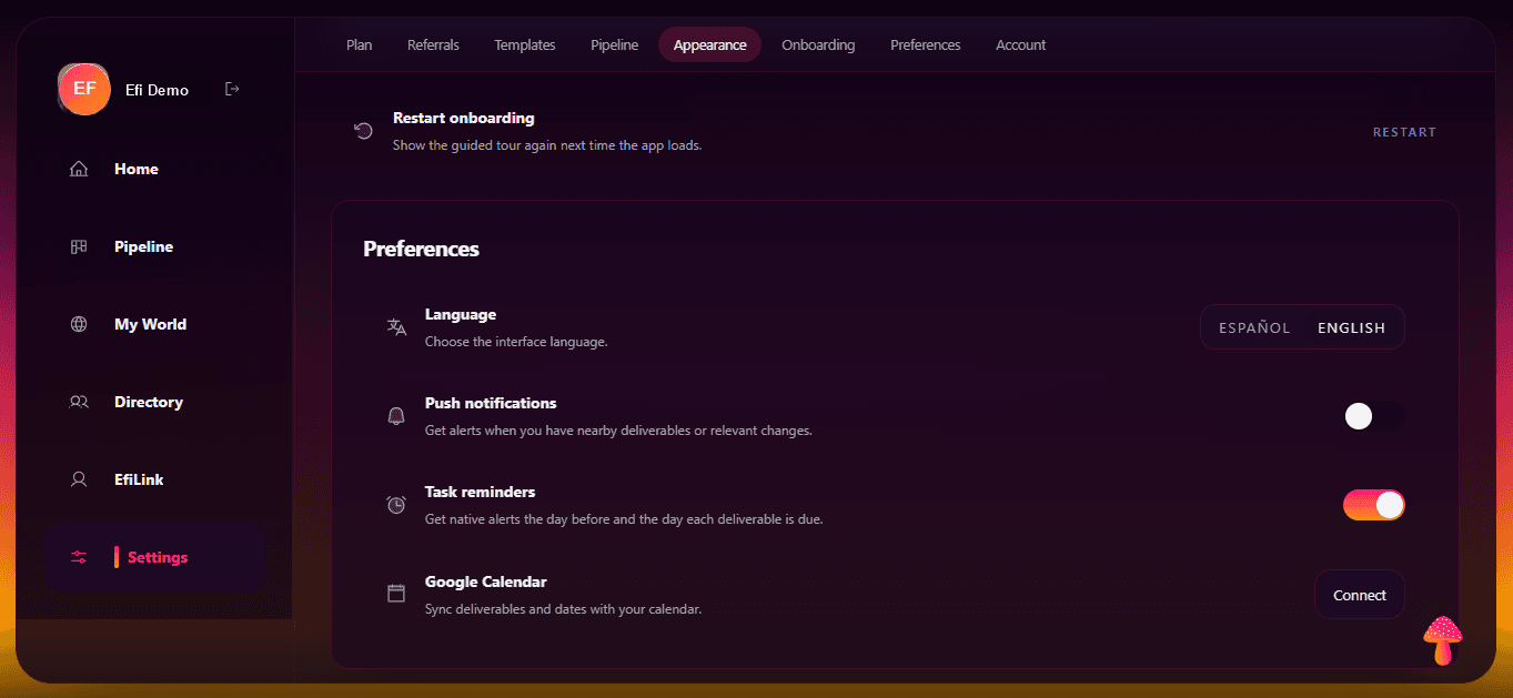 Efi CRM settings screen